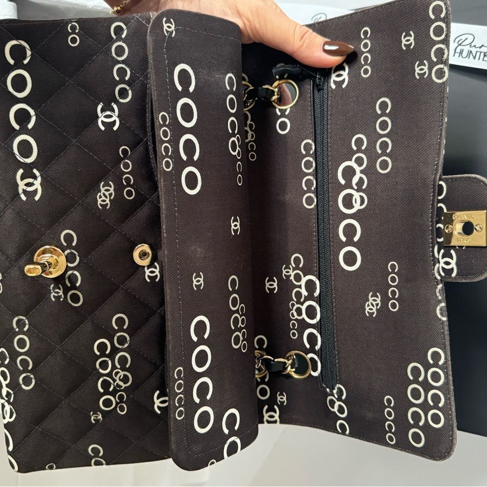 Chanel Canvas Coco Print Quilted Medium Classic Flap Double Flap Black White - Picture 13 of 16